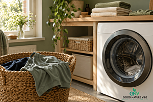Wasmand met groene en donkerblauwe kleding naast een wasmachine in een lichte bijkeuken.