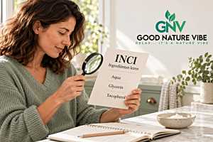 Woman examines an educational INCI card with a magnifying glass beside an open notebook.