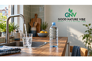 Een glas kraanwater naast een neutrale fles water op een licht keukenblad.