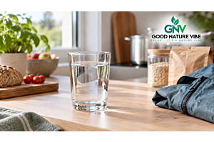 Glas drinkwater naast alledaagse materialen waarin PFAS kunnen voorkomen