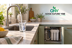 Glas drinkwater naast alledaagse materialen waarin PFAS kunnen voorkomen