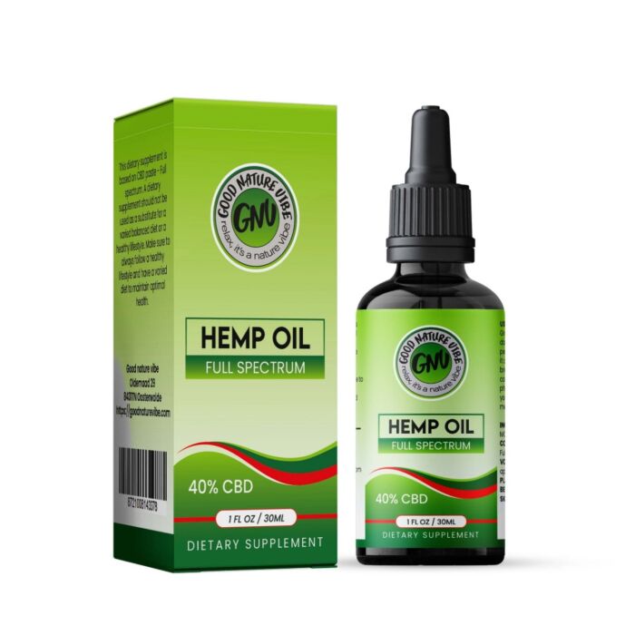 Fles en verpakking van Full spectrum CBD-olie 40% – 10 ml / 30 ml
