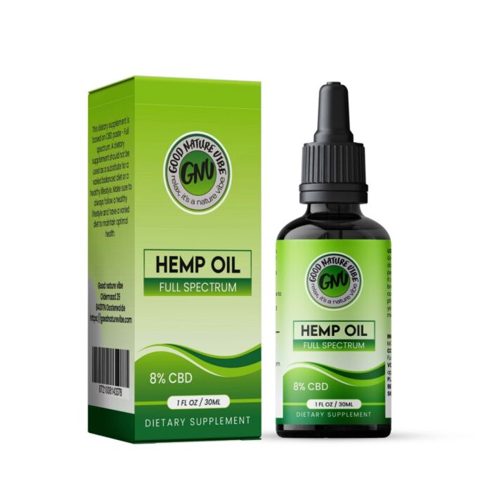 Fles en verpakking van Full spectrum CBD-olie 8% – 30 ml