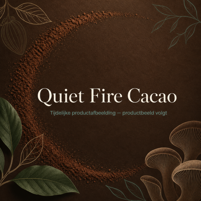Quiet Fire Cacao (mushroom blend) — temporary product visual; final product photo to follow