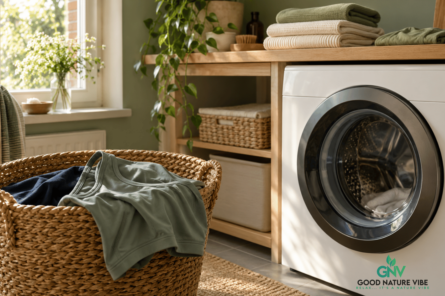 Wasmand met groene en donkerblauwe kleding naast een wasmachine in een lichte bijkeuken.