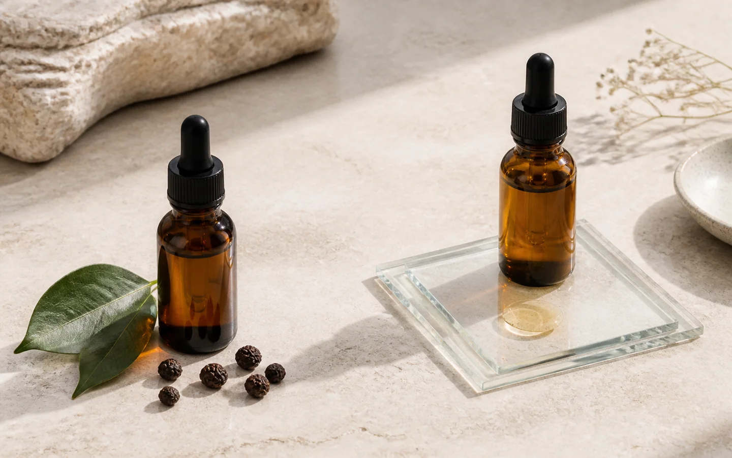 Dos ingredientes cosméticos sin etiqueta con luz cálida