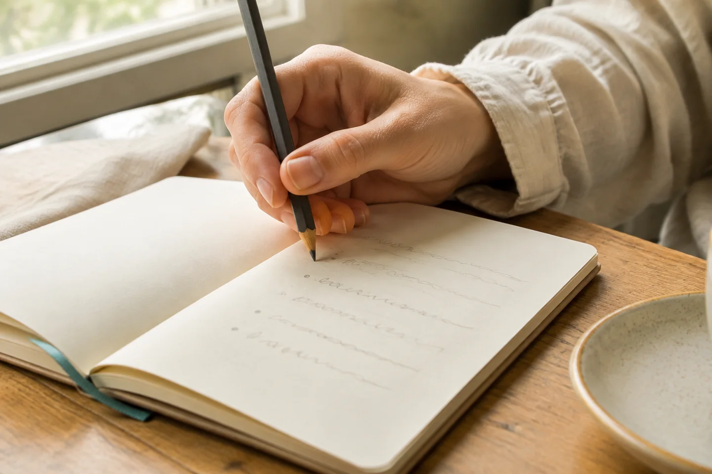 Hand notiert ruhige Gedanken in einem offenen Journal