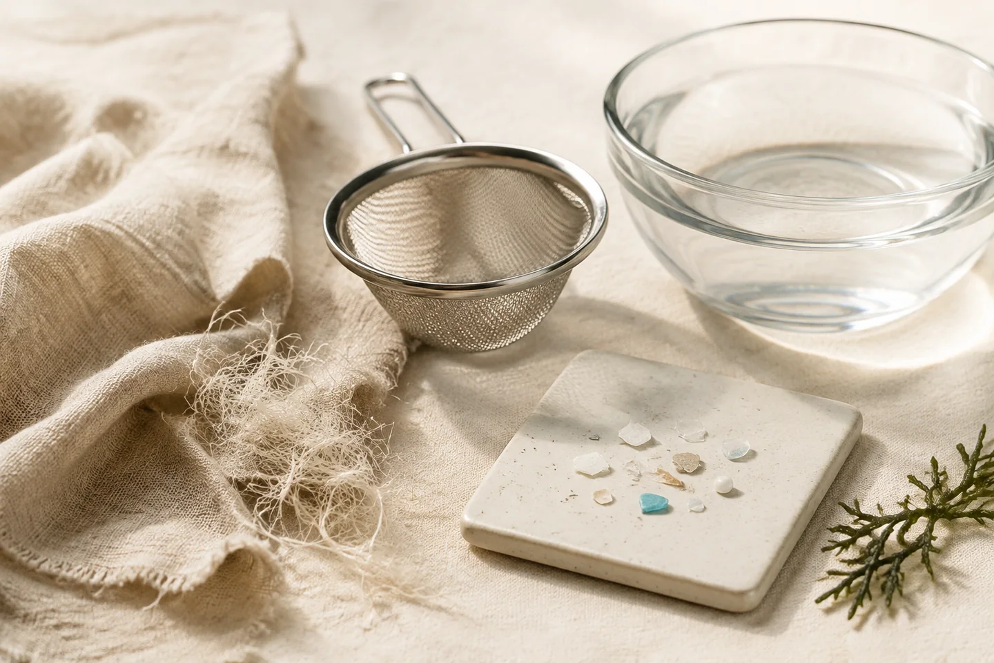 Fibras textiles, agua y partículas de materiales a la luz del día