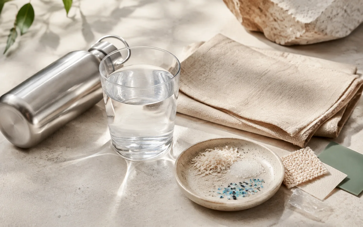 Agua, textiles y partículas de materiales con luz cálida