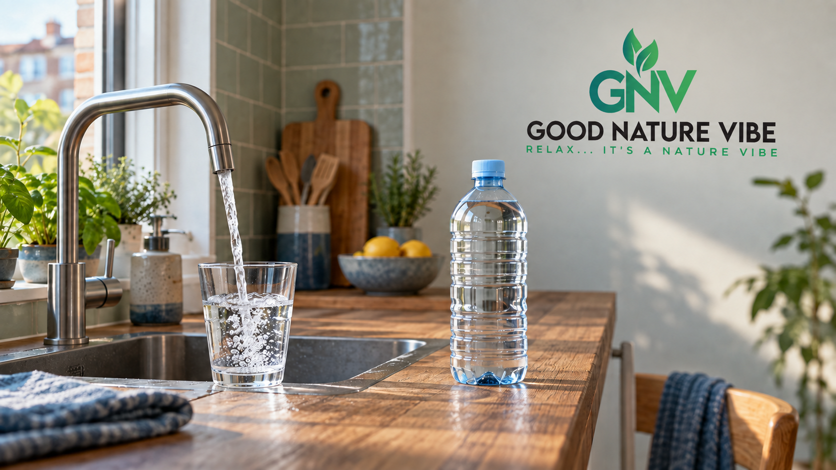 Een glas kraanwater naast een neutrale fles water op een licht keukenblad.