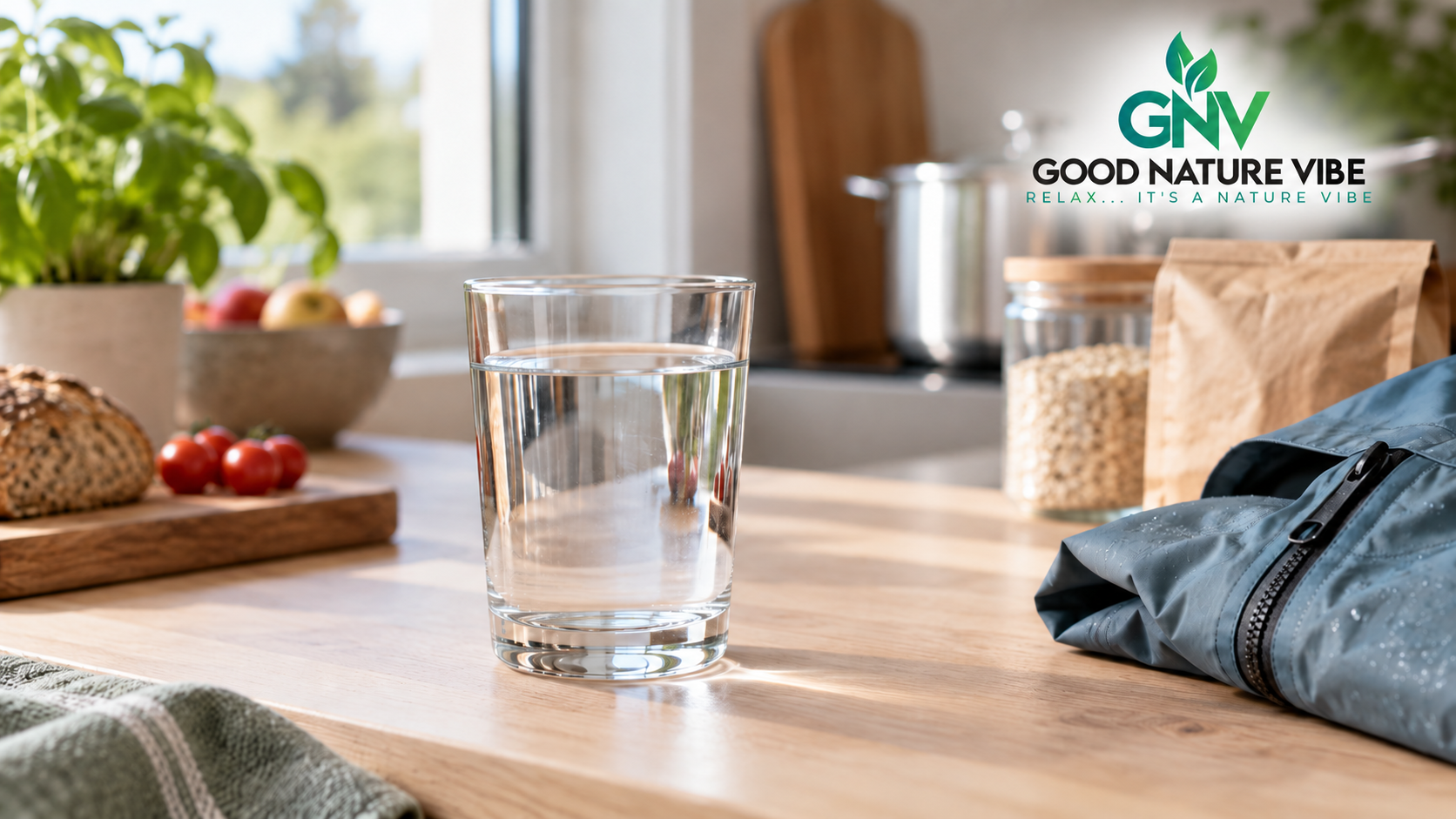 Glas drinkwater naast alledaagse materialen waarin PFAS kunnen voorkomen