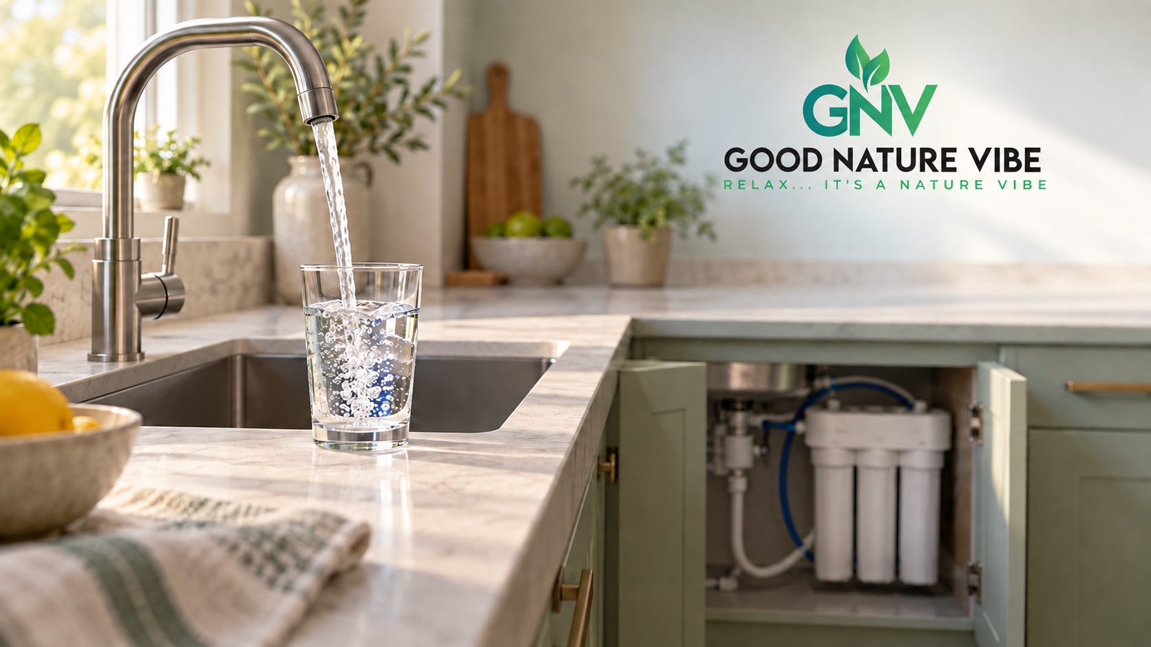 Glas kraanwater met een huishoudelijk waterfiltersysteem op de achtergrond.