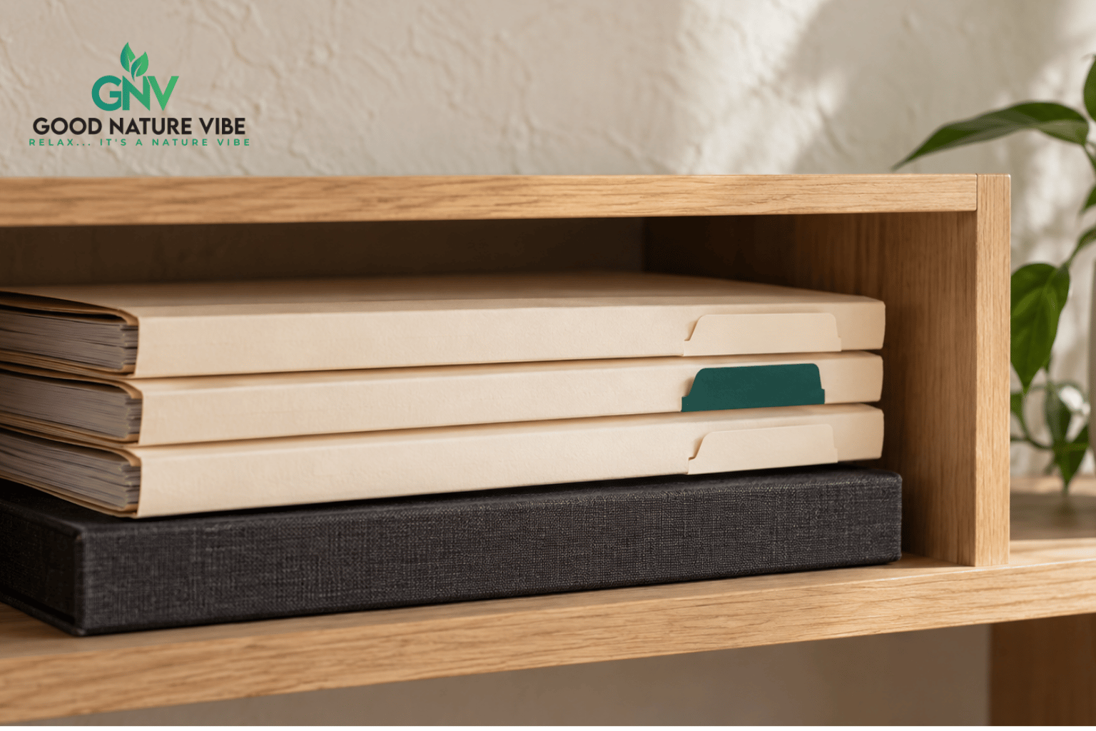 Geordende documentmappen met blanco tabs op een houten plank.