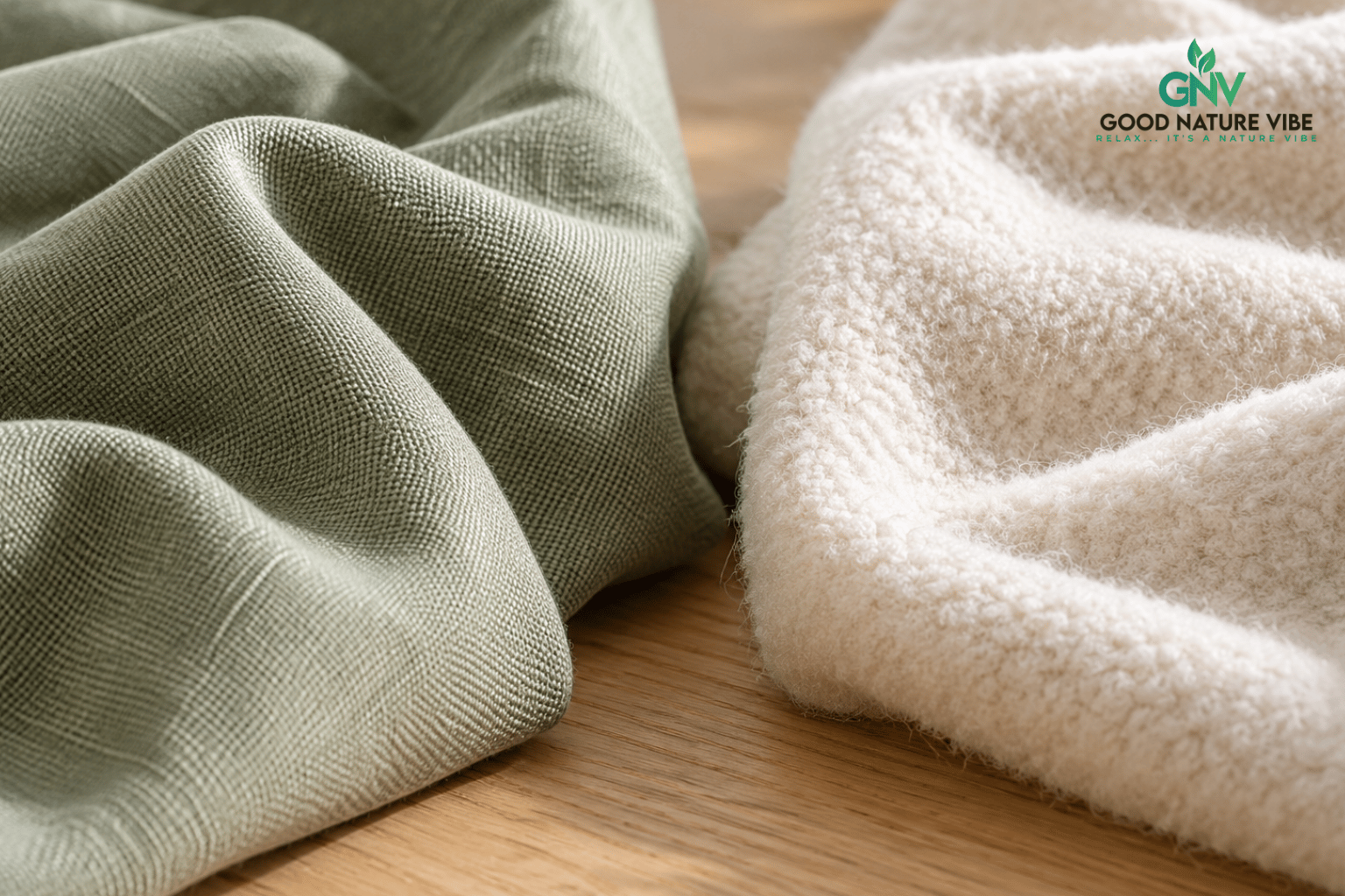 Groene geweven stof en crèmekleurige fleecestof naast elkaar op een houten oppervlak.