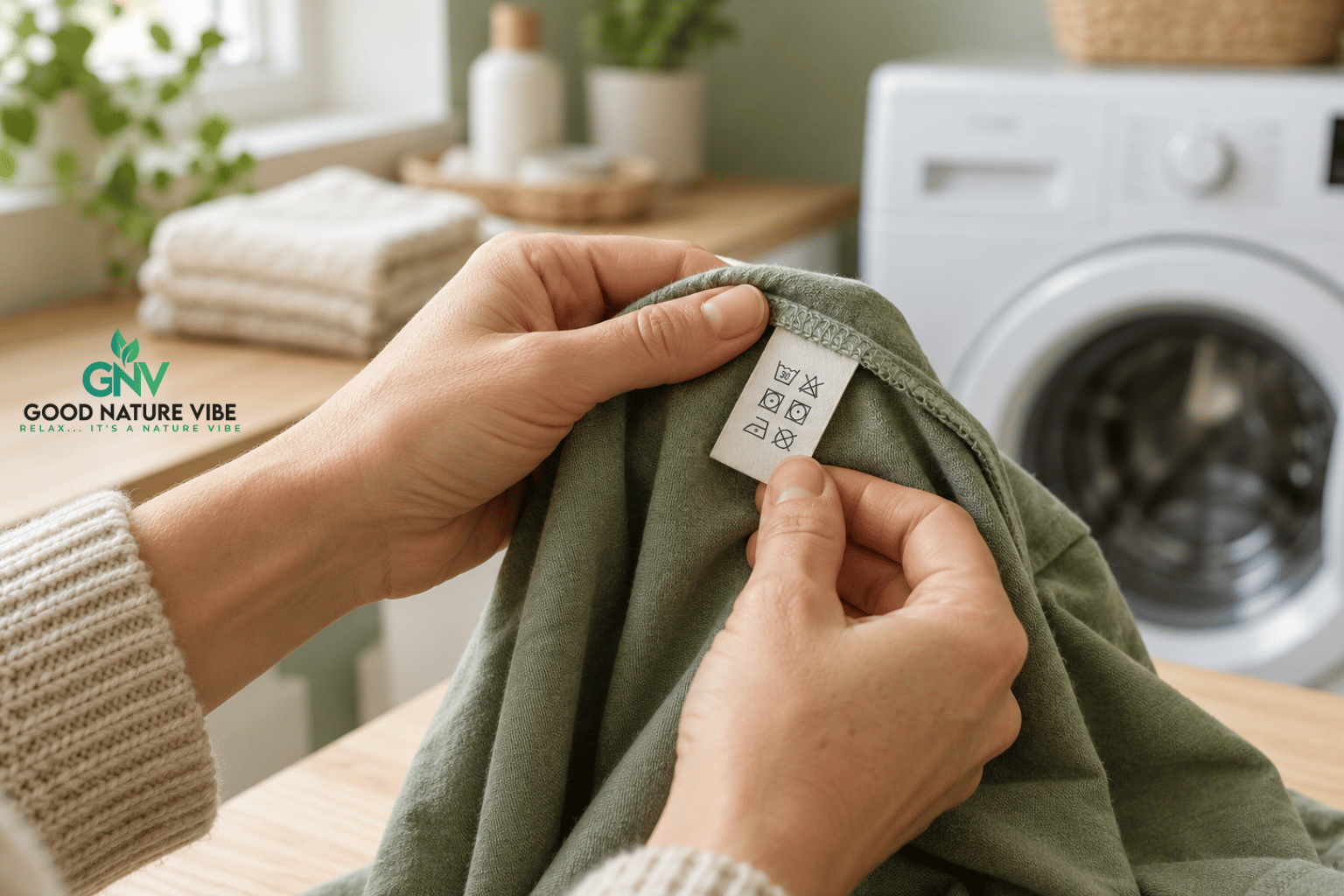 Handen bekijken het onderhoudsetiket van een groen kledingstuk naast een wasmachine.