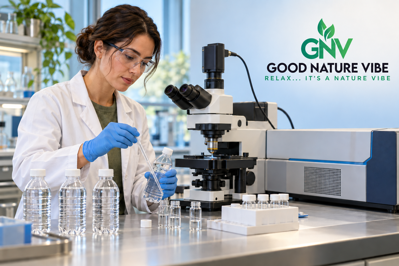 Watermonsters en glazen laboratoriumflesjes naast apparatuur voor de analyse van kleine plasticdeeltjes.