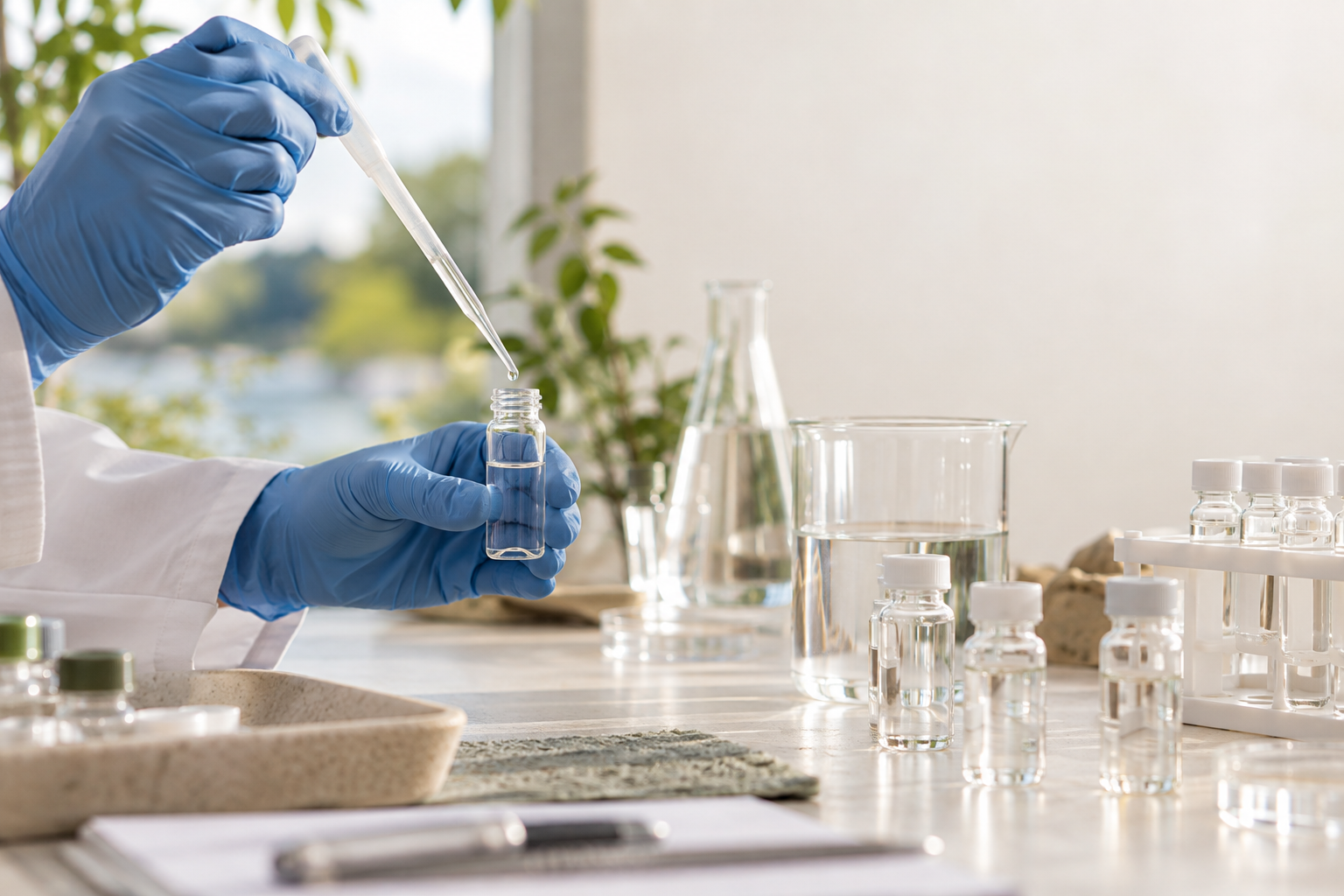 Laboratoriumanalyse van drinkwatermonsters voor het meten van zeer lage concentraties PFAS.