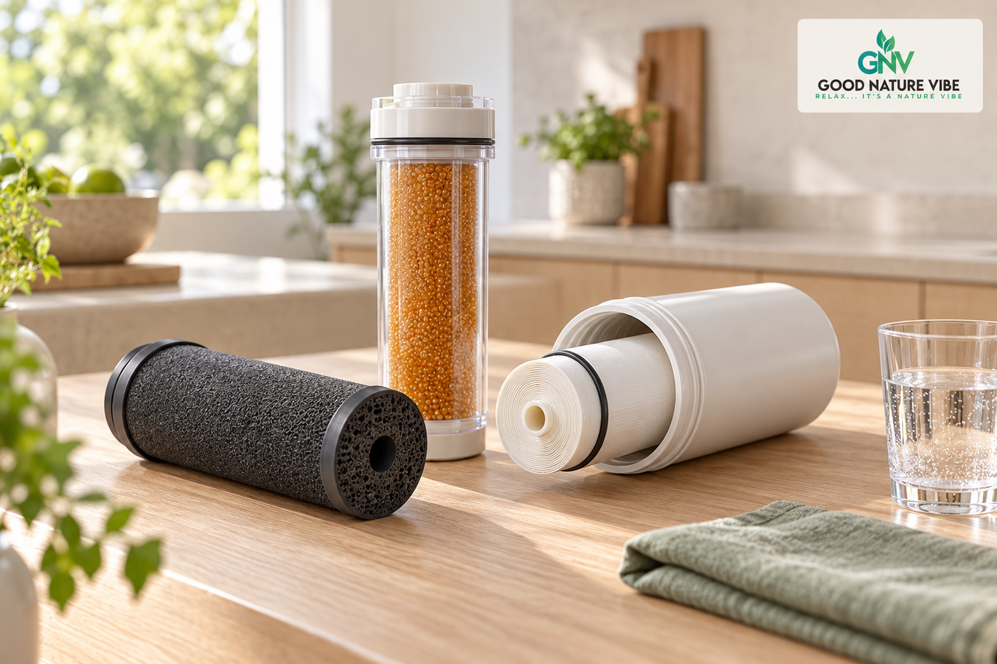  Actieve kool, ionenwisselingshars en membraan als verschillende filtermaterialen