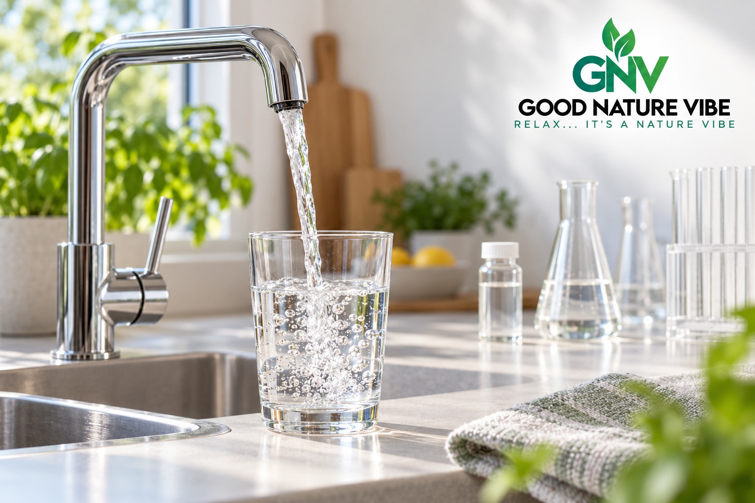 Glas kraanwater met materiaal voor controle van de drinkwaterkwaliteit