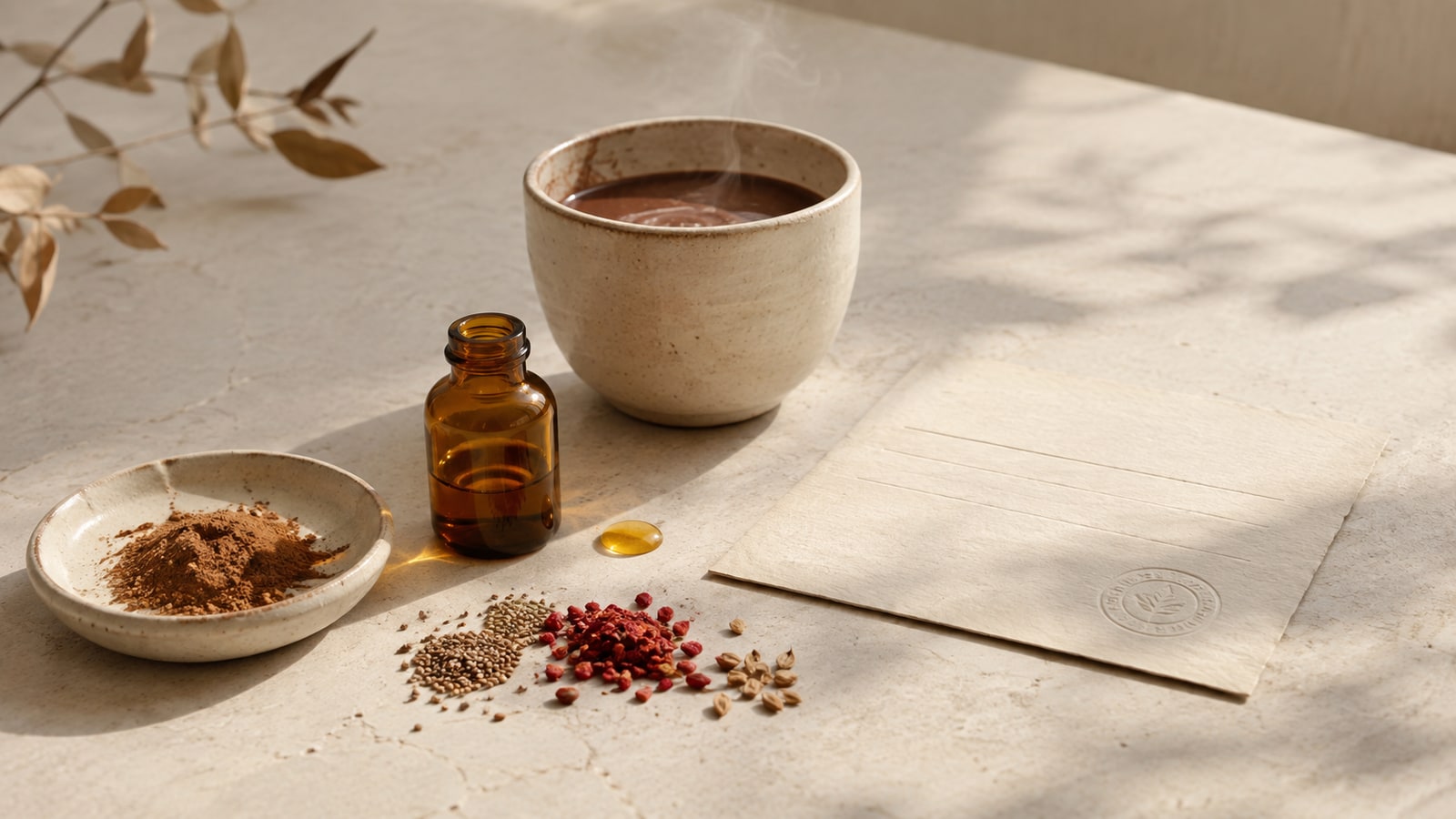 Cacao, botanische olie, zaden en batchdocument in warm daglicht