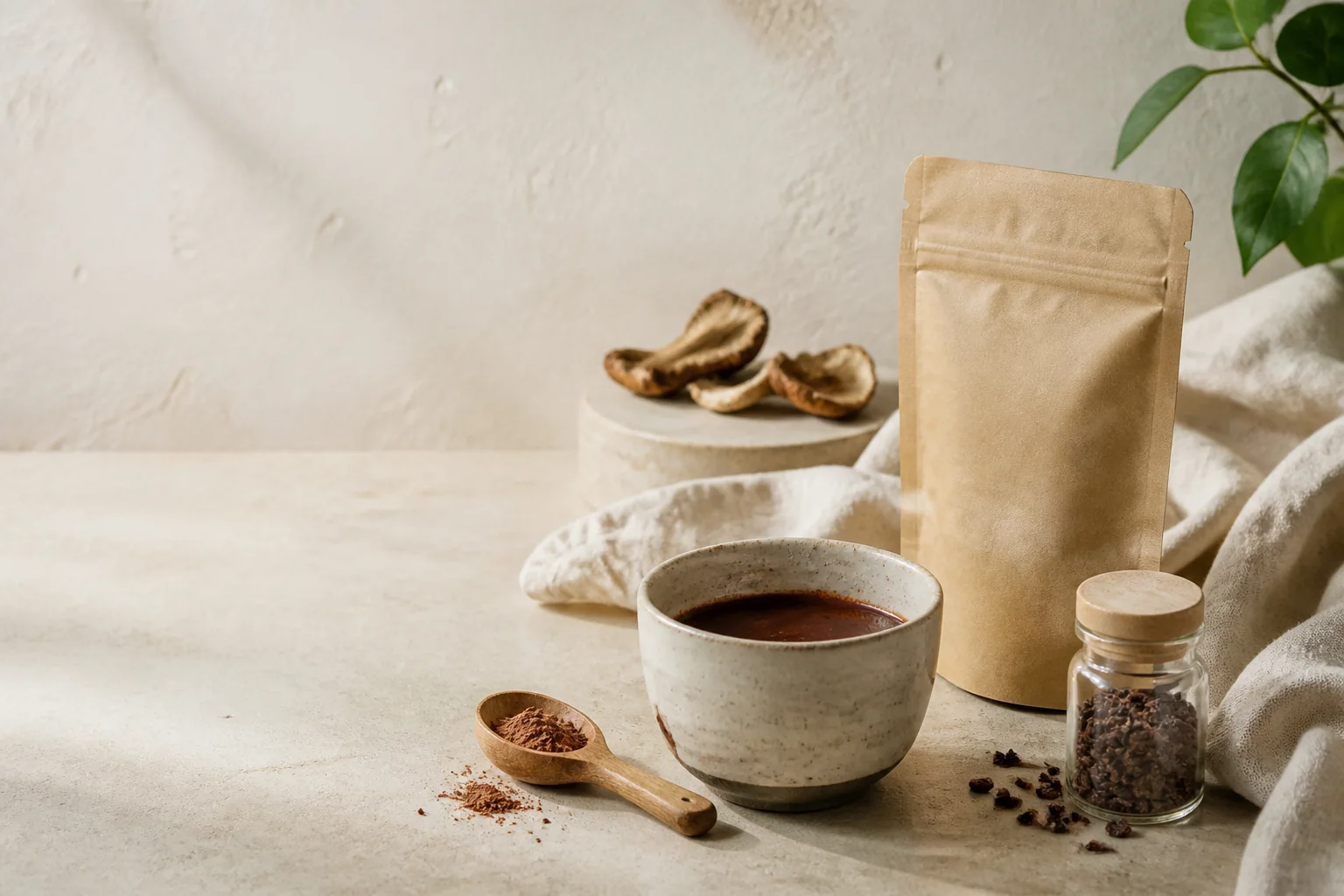 Warm cacao drink, cacao powder, plain pouch and dried mushrooms on a light background